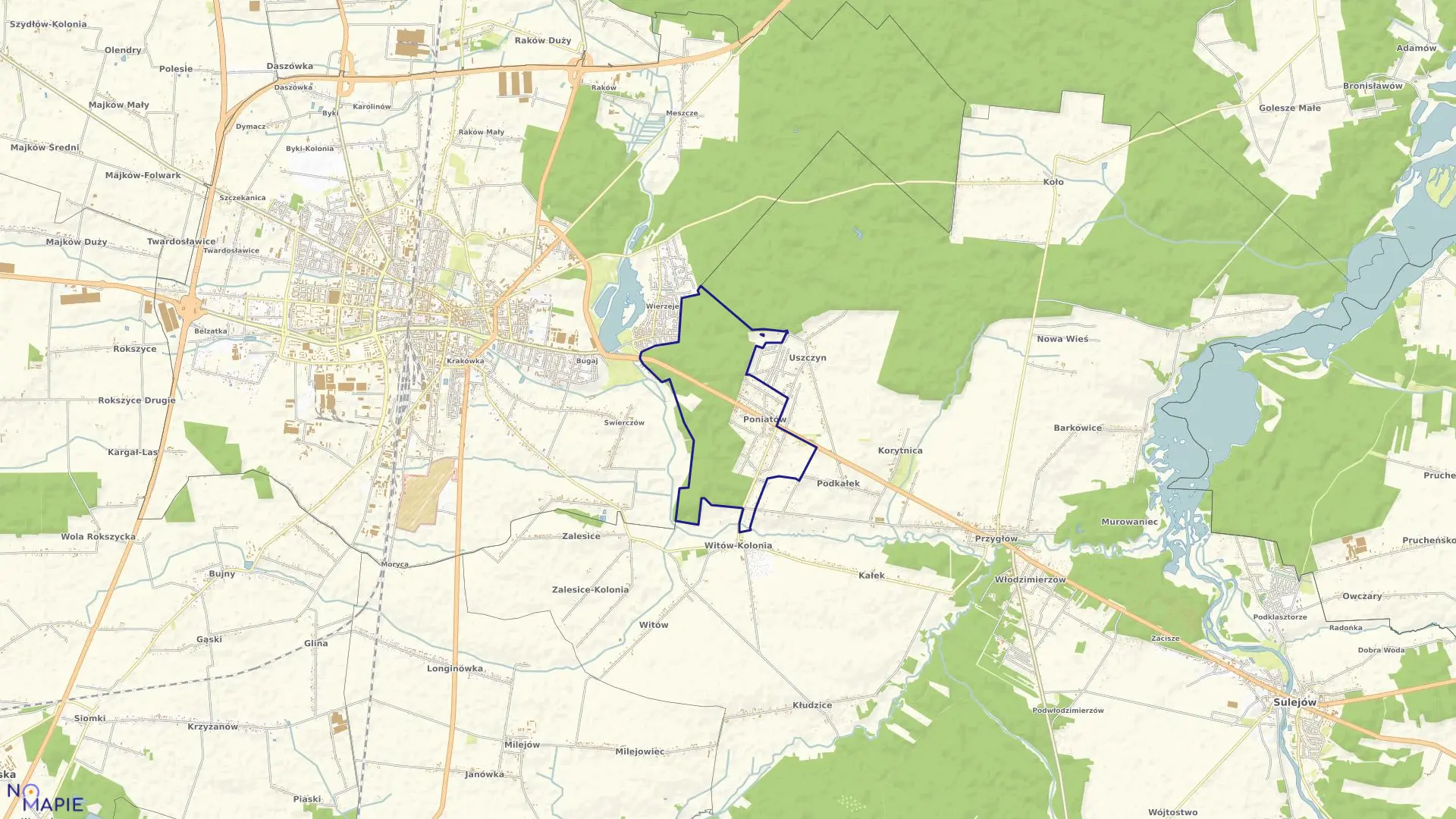 Mapa obrębu PONIATÓW w gminie Sulejów